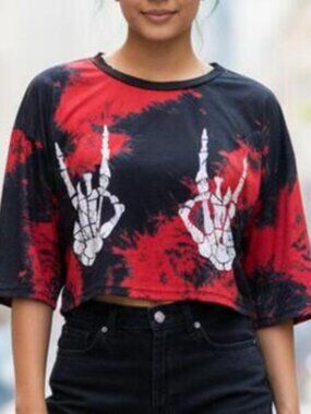 WOMENS CROP TOP SIZE LARGE IN RED AND BLACK W/2 SKELETAL HANDS ON FRONT